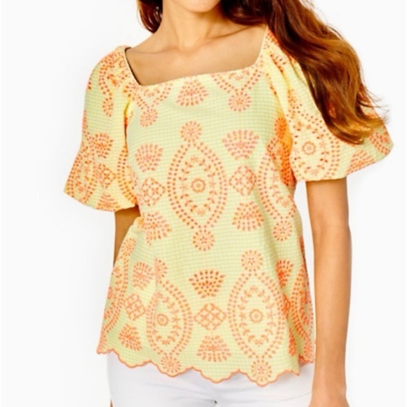 🆕 Lilly Pulitzer Lettie Eyelet calla yellow gingham seersucker Top SZ LG - Picture 5 of 5